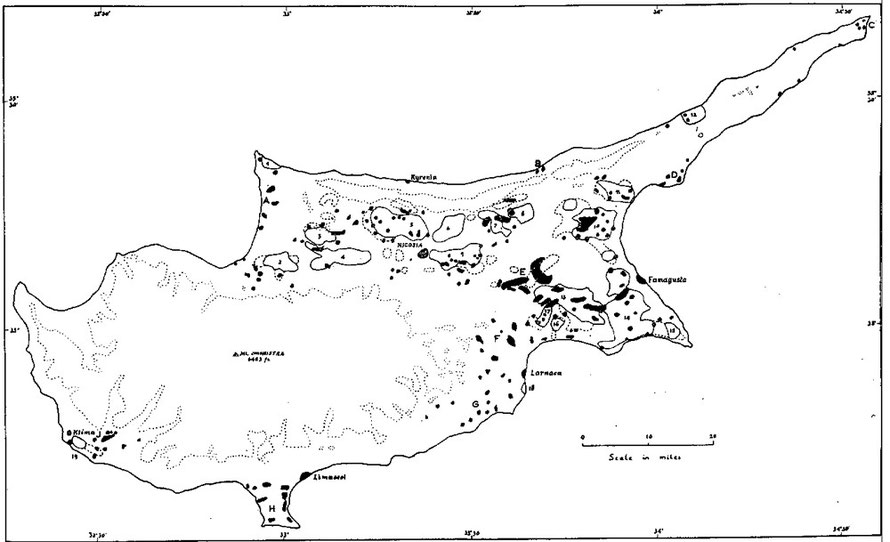 The mapof locust breeding sites produced by LFH Merton in his 1959 report on the Moroccan Locust in Cyprus  