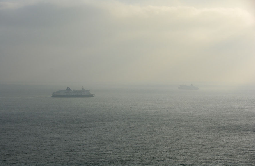 Like ships passing in the afternoon mist: cross channel ferries for Calais and Dunkerque.