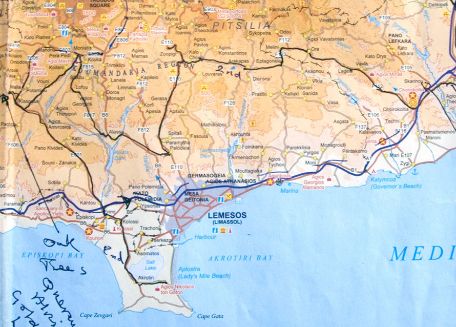 My route (black line) through the Pitsila and Limassol Hills from Khirokitia to Malia, January 2013 (CTO Map)