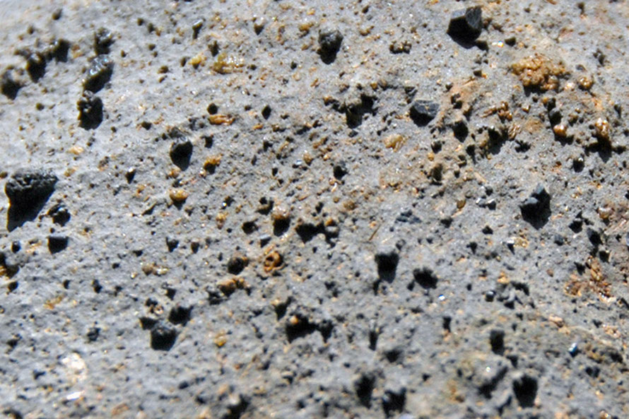 Close-up of a ventifact where wind blown sand has eroded the softer rock to reveal crystals and gravels at Sand Fly Bay 