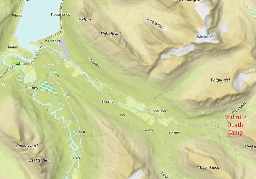 Kitdalen valley had eight primitive POW camps outh east of Storfjord. Mallnitz Death Camp was in the Norddalen where the Nazis constructed the last ditch Lyngen Line with slave Russian, Polish and Yugoslav prisoner labour in 1944-5.