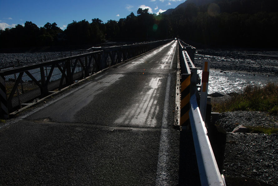 The single track bridge crossing the Waiho River on Highway 6 Hokitika bound.