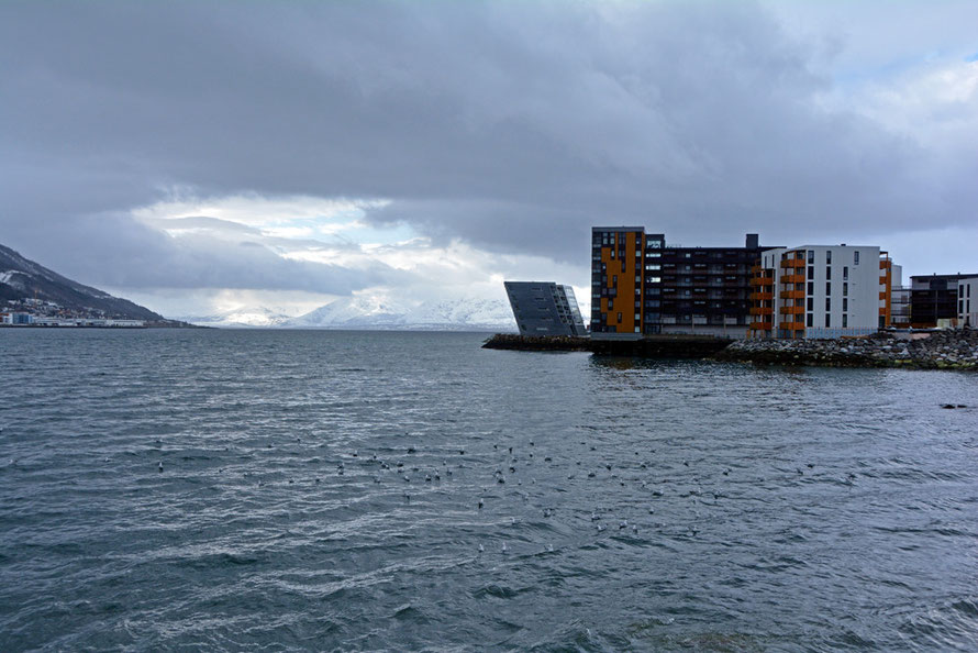 Looking south down Tromsøysund - the modern Tromsø waterfront on the right. 