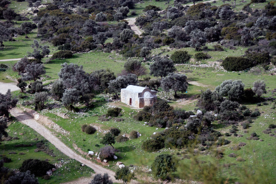 The church of St. Constantine and Helen standing amongst olive trees and green meadows (January 2013).