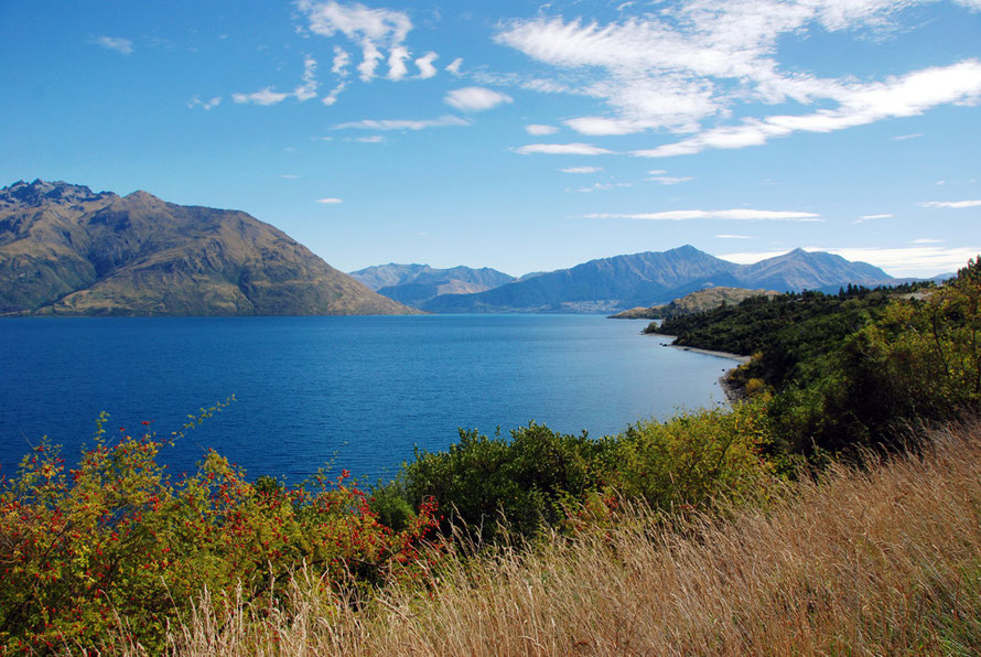 Looking north up the eastern leg of Lake Wakitipu towards Queenstown and Vanguard Peak (1768m). The Wakitipu catchment flows into the Clutha/Mata-Au via the Kawarau River