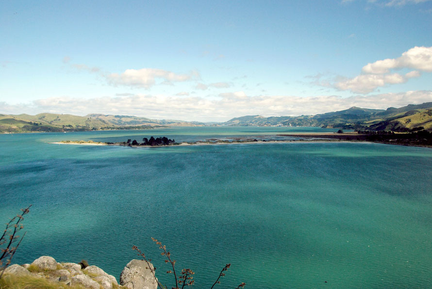 The two sides of the Peninsula: looking down the tight neck and long stretch of Otago Harbour with a stiff south-westerly blowing