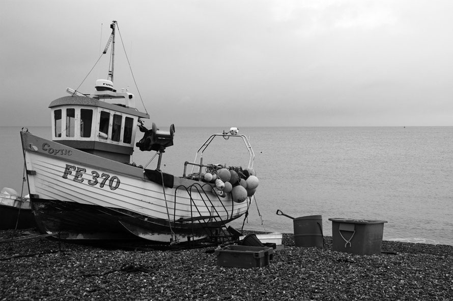 Coptic - FE 370 - at her shingle berth at Deal, Kent. Monchrome with added contrast, sharpness and brightness. 