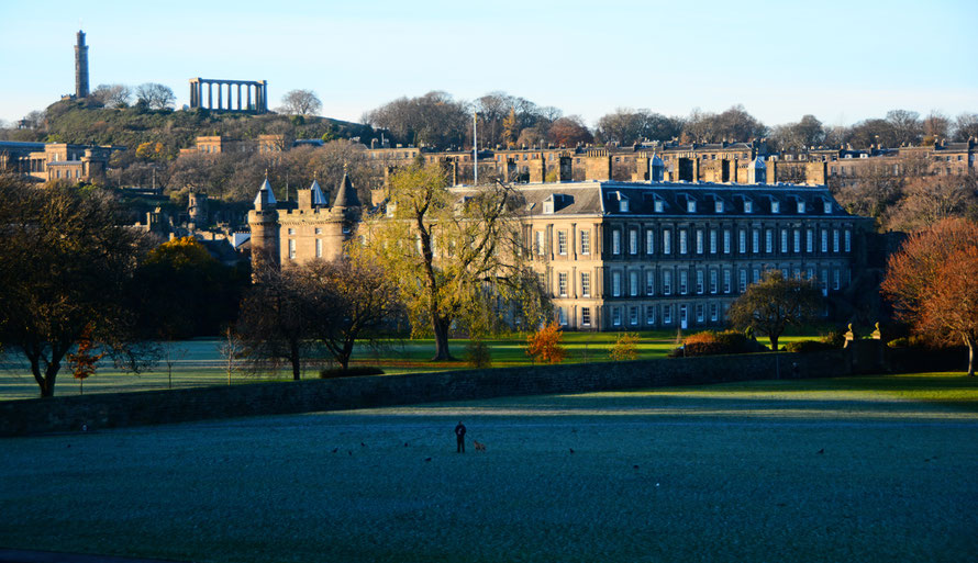Calton Hill, Hollyrood Palace and one man and his dog, Einburgh.