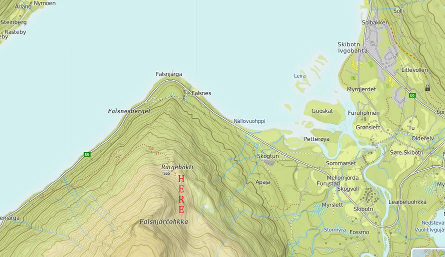 The Russ Road built by prisoners of war from camps in the area  550m up on noth facing slope of the Flasnefjellet on the west side of the Storfjord in Troms (Turkart - UT.no).