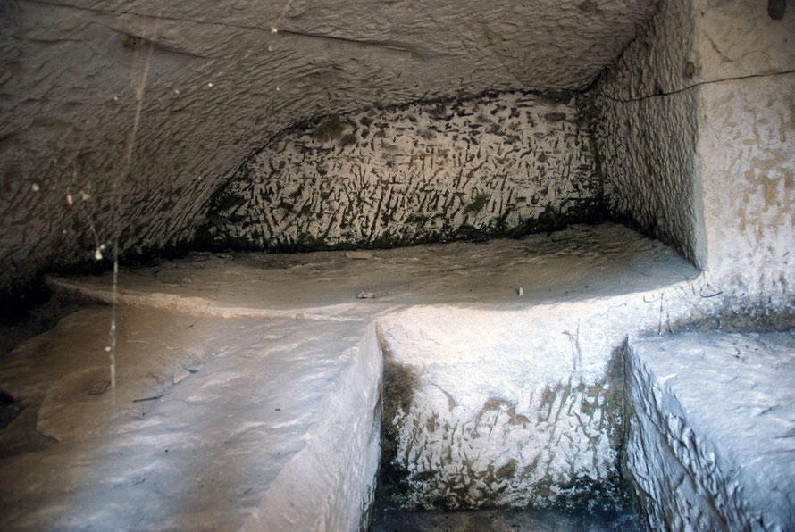 Detail of the patterns of hewn rock in Tomb 26 of the Mağara Tepeşi group in the Malloura Valley