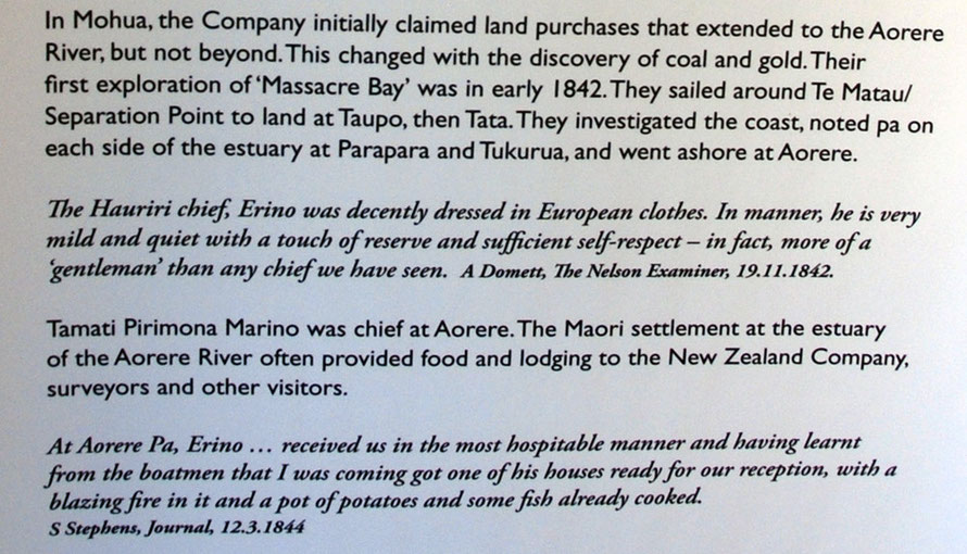 The New Zealand Company arrives at Aorere (later 'Collingwood') in 1842 (Aorere Centre display).