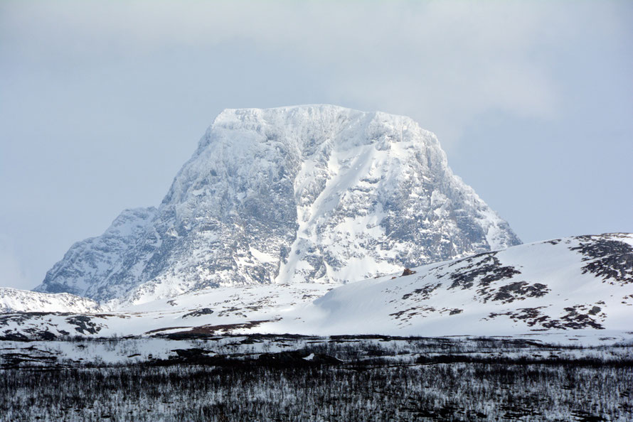 Another Lyngen Alp peak rising out of the birch scrub. This is again near Jovik where after a long day in the saddle the sun broke through the gloomy low cloud to reveal these fantastically 'mountainy' mountains. 