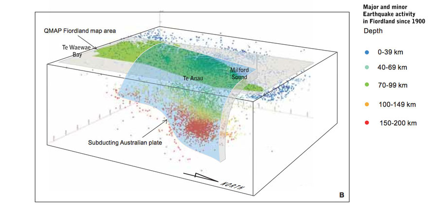 Diagrammatic representation of modern tectonic and seismic activity in Fiordland. From GNS 2010 with place name additions.