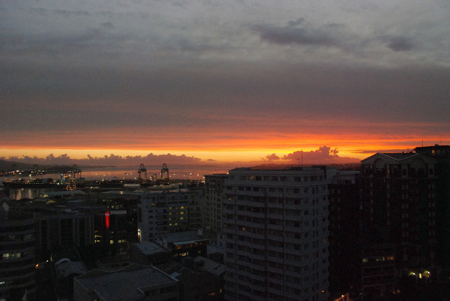 Sunrise over the Hauraki Gulf and the Auckland container terminal from our hotel window. 