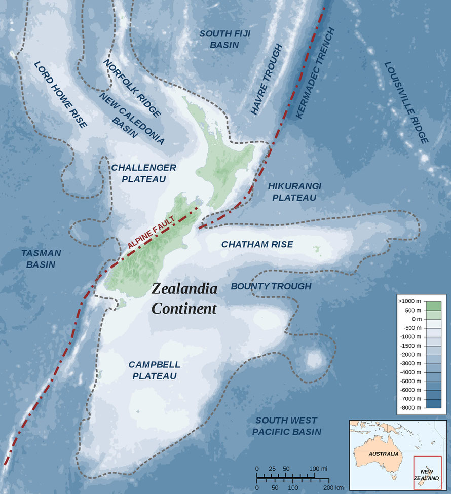 Map showing New Zealand Alpine Fault in wider context of  Zealandia continent (Wiki Commons Alexander Karnstedt)