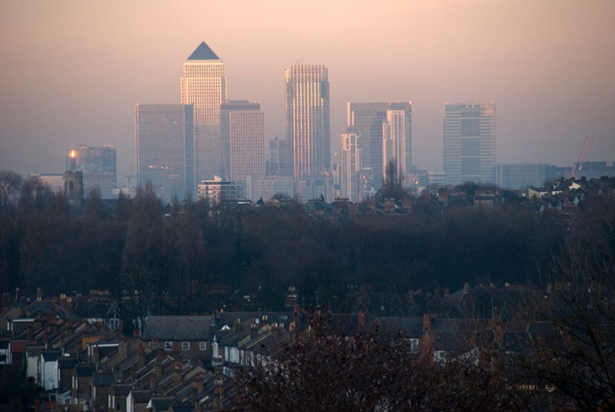 The second City of London: the towers of Docklands from Blythe Hill Fields in South London.