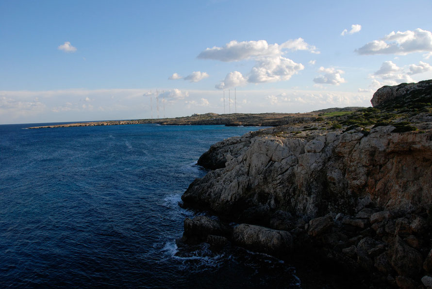 Looking to Cape Greko with its British military installation, Radio Monte Carlo International relay station and lighthouse