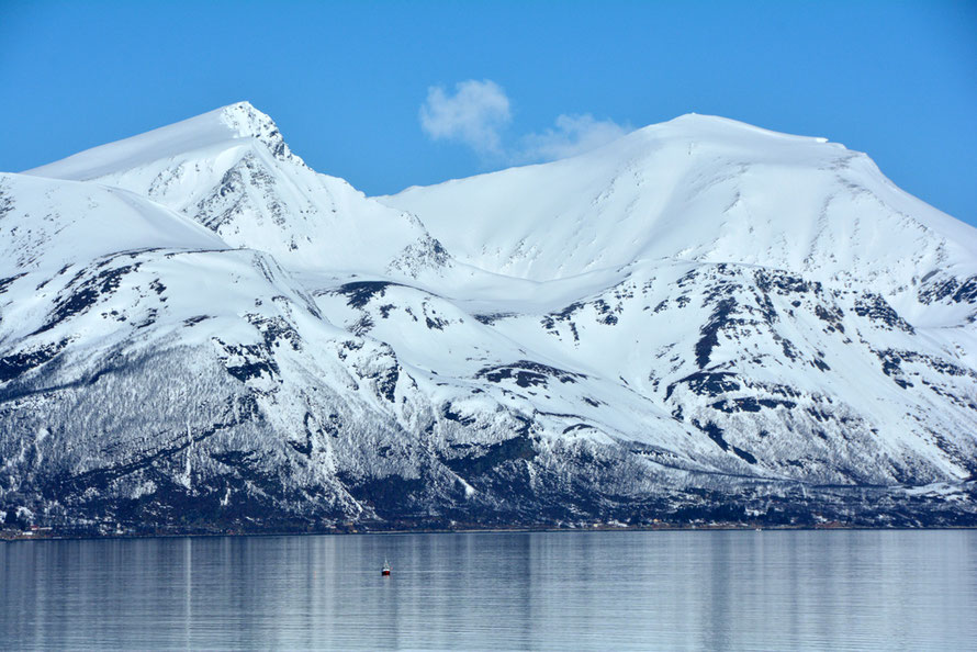 The mountains on the west side of the Ullsfjorden at Skotsaetet. They have a distincly lumpy look and are composed of a mix of the non-Gabbro elements of the Lyngen Nappe and the Tromsø Nappe Complex with metasedimentary rocks above and gneisses below.