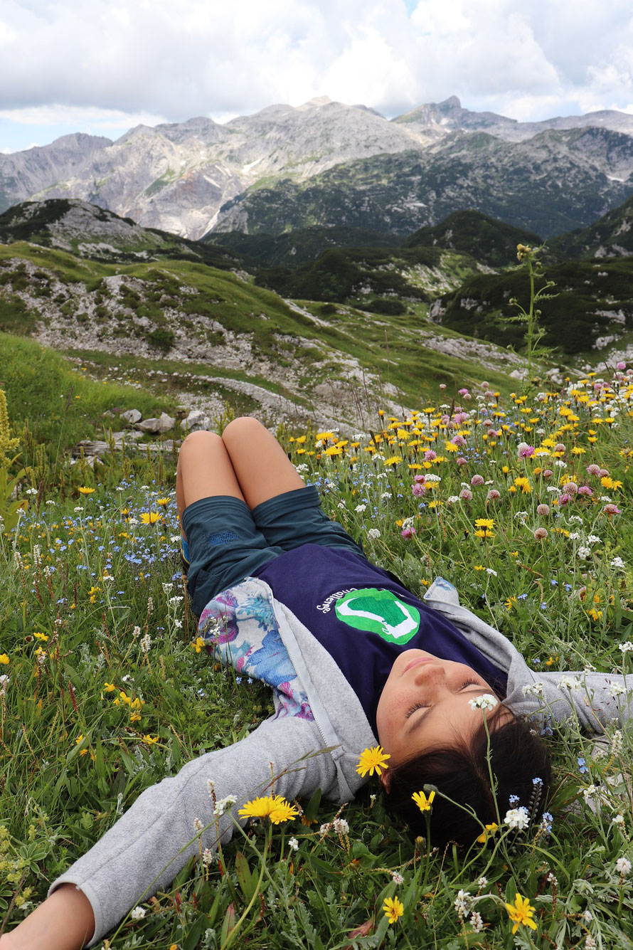 Das Foto unseres Sommers - Miriam liegt im Blumenmeer mit Sicht auf Berge, Triglav Nationalpark 