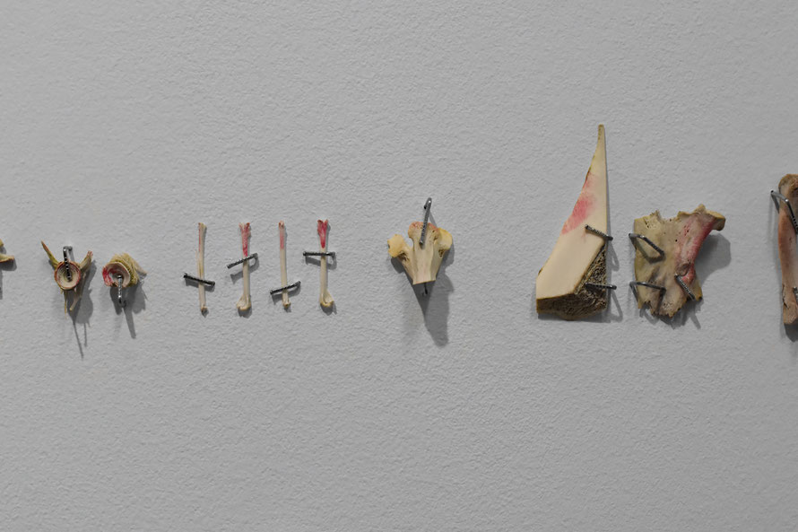 Nadine Baldow - ALIVE MATTER - Eastern Edge Gallery - kissed bones, lipstick, braid nails - contemporary art