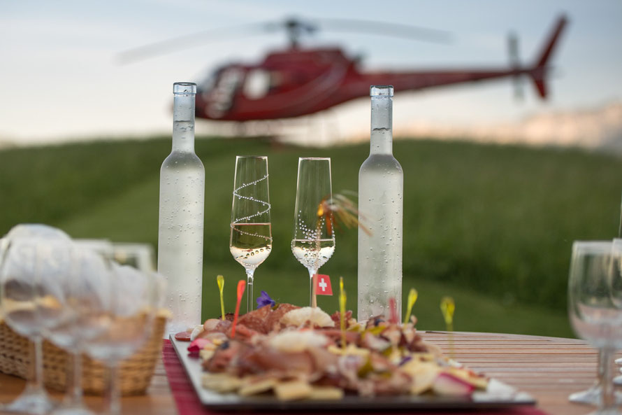 Mood picture of champagne glass and helicopter
