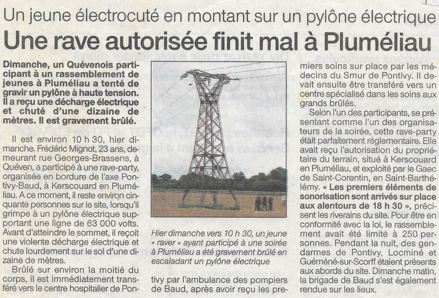 Free Party à Pluméliau. Article de journal, un blessé grave, un jeune électrocuté. Archives de teuf en Bretagne par JC Troudet AKA KD.BZH. Rave Culture Tekno.