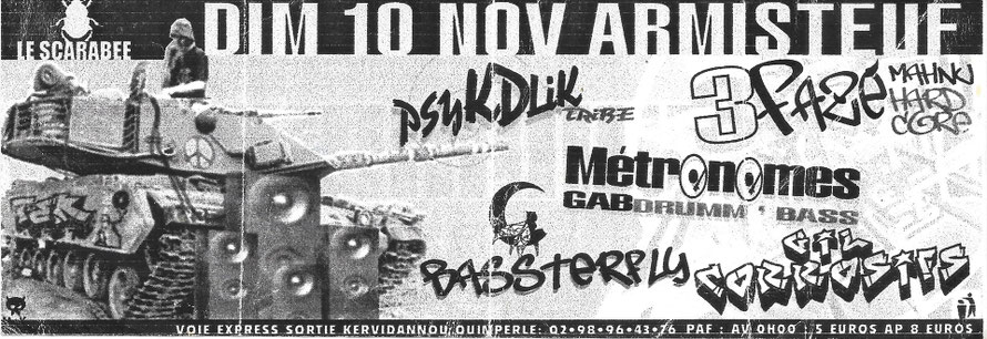 Flyer Le Scarabée Club techno Trélivalaire Quimperlé - Dee Jill (Jill des Corrosives) - 3Fazé - PSY.K.D.LIK Tribe - Gab Des Métronomes - Archives Free party bretagne par J-Charles TROUDET  (KD)