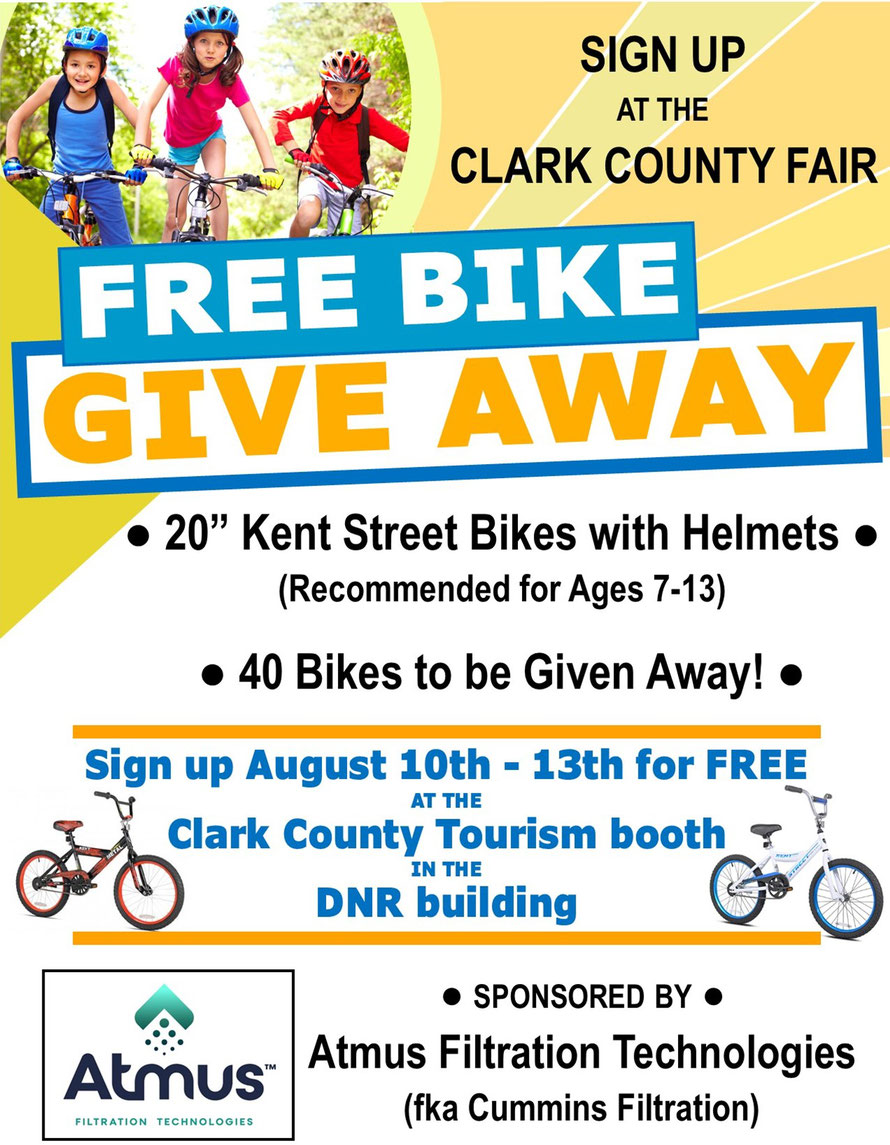 Clark County Fair Wisconsin, Bike Giveaway sign up, Clark County Tourism, DNR building, Atmus Filtration Technologies