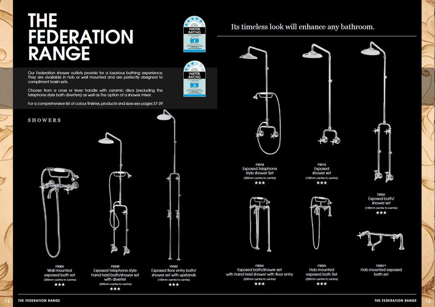 Federation shower outlets provide for a luxurious bathing experience. Available in hob or wall mounted & are perfectly designed to complement basin sets. Choose from a cross or lever handle with ceramic discs(excluding the telephone style bath diverters).