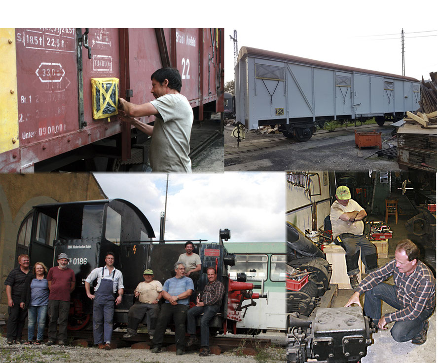 Oben: Abkleben am Güterwagen, der nun bereits grundiert ist. Unten links: Gruppenbild mit den Mitarbeitern vom Bahnpostmuseum zum Feierabend und rechts der Gussbehälter der Speisepumpe wird unter die Lumpe genommen.