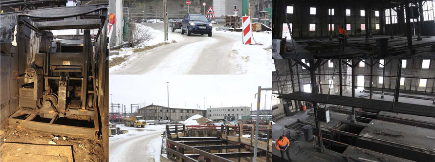 Das Bild links zeigt die Achssenke von der Grube aus. In der Mitte die Bilder Zufahrt und vom Schuppen, der mittlerweile abgerissen ist.  Rechts noch Bilder aus der Halle - unten vom Platz aus, von dem die Stromabnehmer kontrolliert wurden.