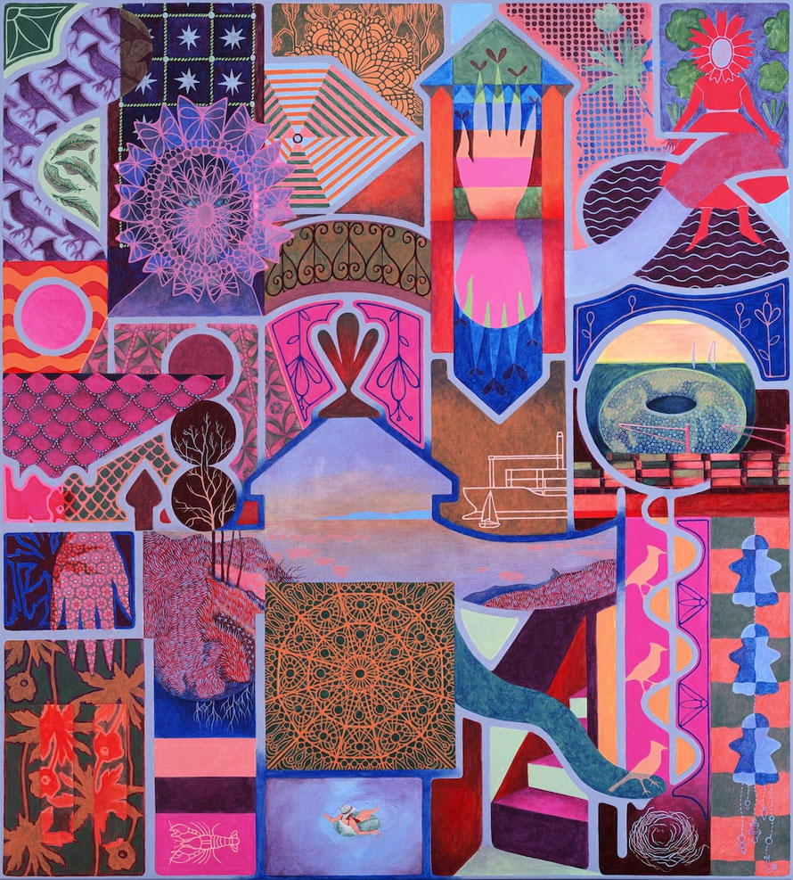 Modules habitables. Acrylique sur toile, 102 x 91 cm, 2026. Copyright Johanne Bilodeau. VENDU