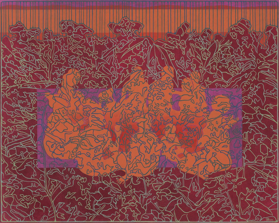 Bercés par le mouvement lent des eaux de la rivière, assemblés par le souffle de l'être-ensemble. Acrylique sur toile, 61 x 76 cm, 2024. Copyright Johanne Bilodeau. - DISPONIBLE