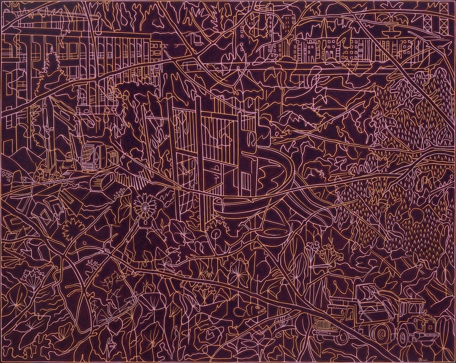 Chantier: déconstruction. Acrylique sur toile, 122 x 153 cm, 2024. Copyright Johanne Bilodeau - DISPONIBLE