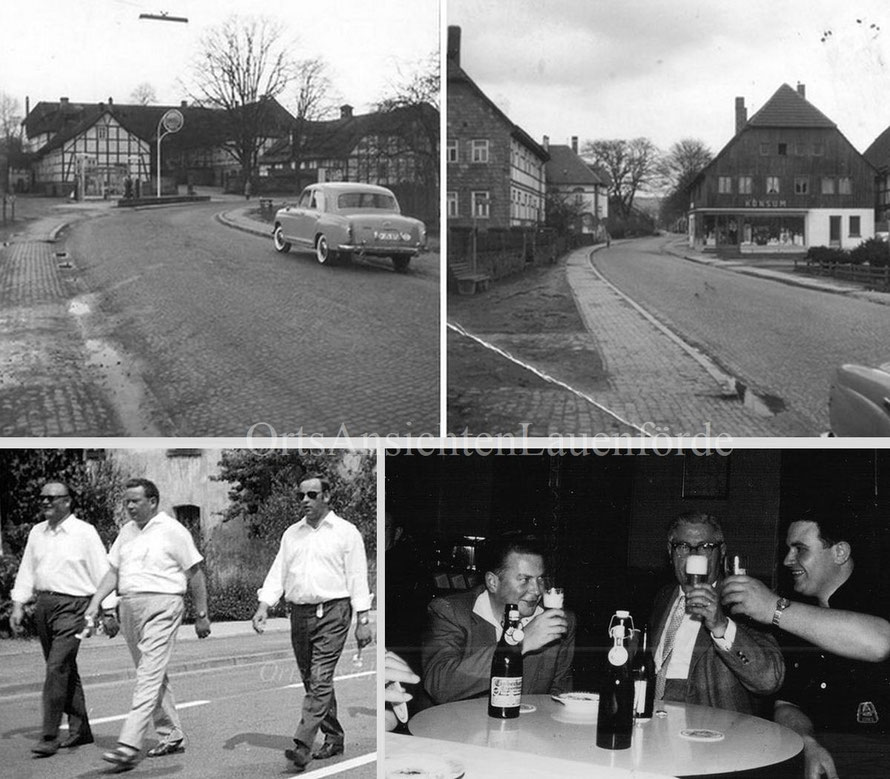 Oben: Lange Strasse, Bahnhofstrasse, Unten Günther Strinz, Hans-Jochen Henke und Uwe Lotz / Hanz-Jochen heneke, ???, Kurt Maidorn