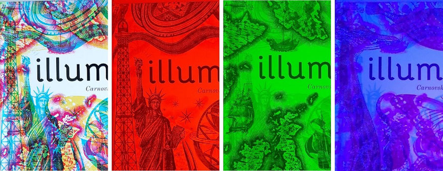 Livre Illuminatlas vu à travers des filtres rouge, vert et bleu