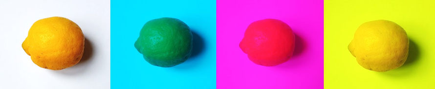 Citron vu à travers des filtres colorés cyan, magenta et jaune