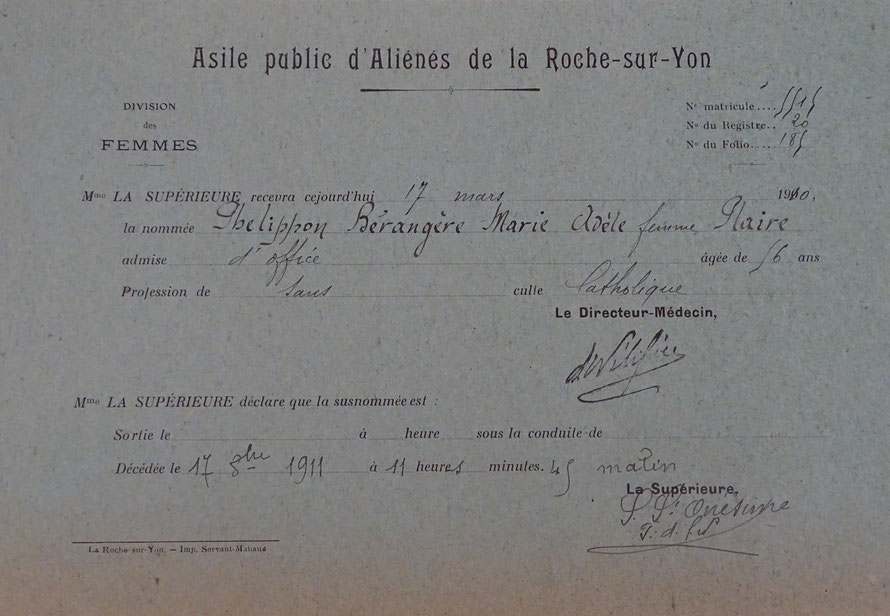 A.D. 85 - Extrait du dossier individuel d'Adèle auprès de l'Asile de la Roche Sur Yon