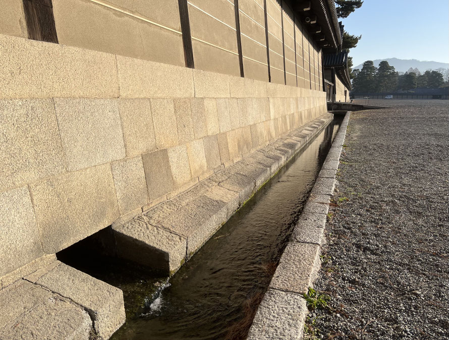 京都御所を囲む築地塀の1箇所から堀に水が流れています。ちょろちょろというよりはオーケストラの奏でる音楽のようです。美化しすぎは 私の悪い癖ですが、笑。なんとも心地よい。不浄の水か?清浄な水か? まさか高貴な敷地内で洗濯をしているわけがないのだから、この水はとても清らかな水にきまっています!ボーッと突っ立って他愛もないことを考えながら、音を鑑賞するのも旅の醍醐味~