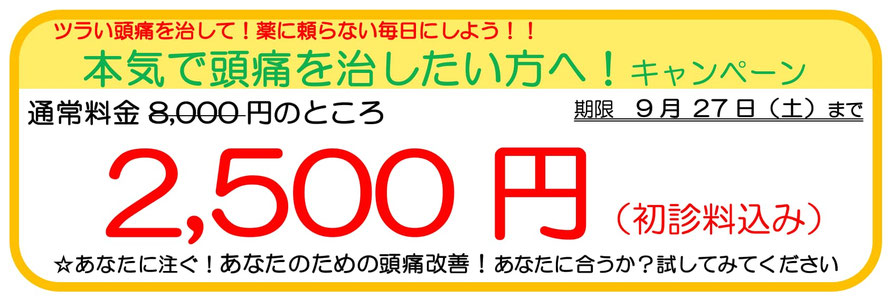 ツラい頭痛を治して！毎日元気に楽しく生きよう！！本気で頭痛を治したい方へ！キャンペーン。通常料金8,000円のところ、2,500円（初診料込み）あなたに注ぐ！あなたのための頭痛治療！あなたに合うか？試してみてください。頭痛専門整体「大分別府 頭痛専門ここまろ調整院」で待っています。