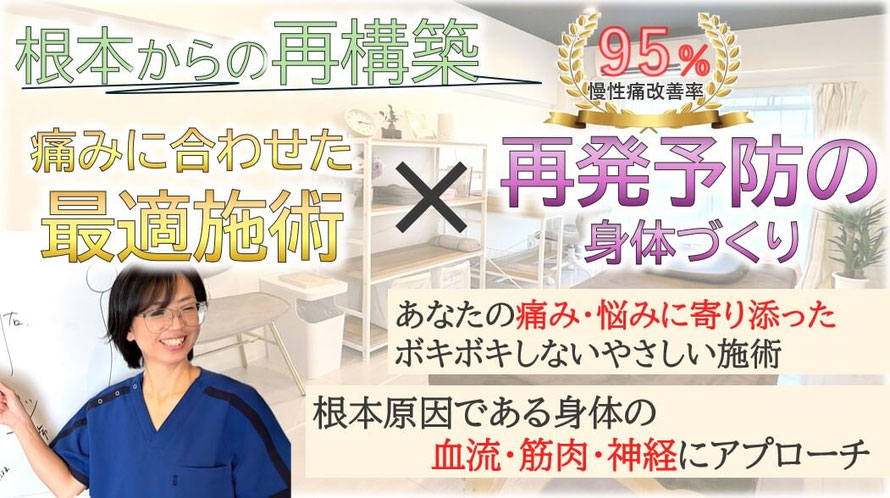 頭痛や腰痛を95％改善するやさしい施術を実践する。緩める、鍛える施術