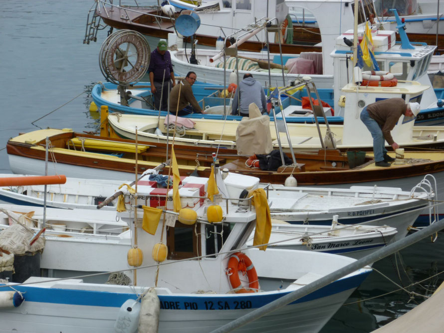 Zu tun gibt es immer irgend etwas auf den Fischerbooten. Der Hafen ist das Zentrum und Treffpunkt fuer Einheimische und Touristen.