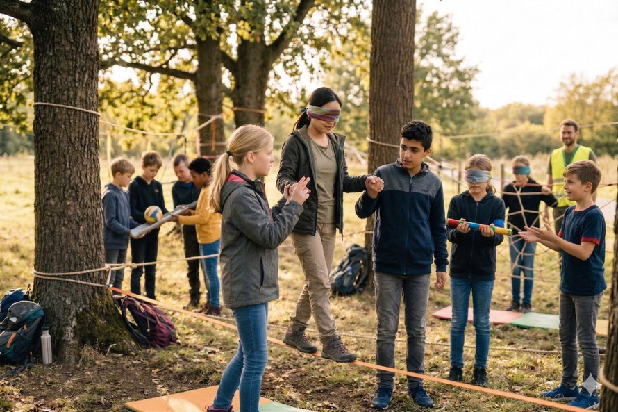 Teambuilding für Schulklassen — Schüler:innen meistern gemeinsam einen Mohawk-Walk-Parcours im Freien