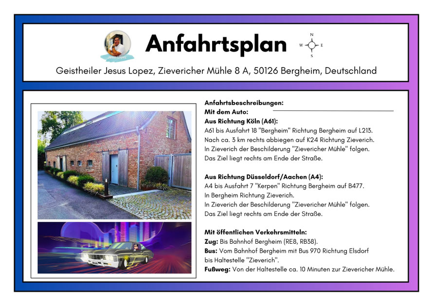 Anfahrtsplan Geistheiler Jesus Lopez, Zievericher Mühle, Bergheim