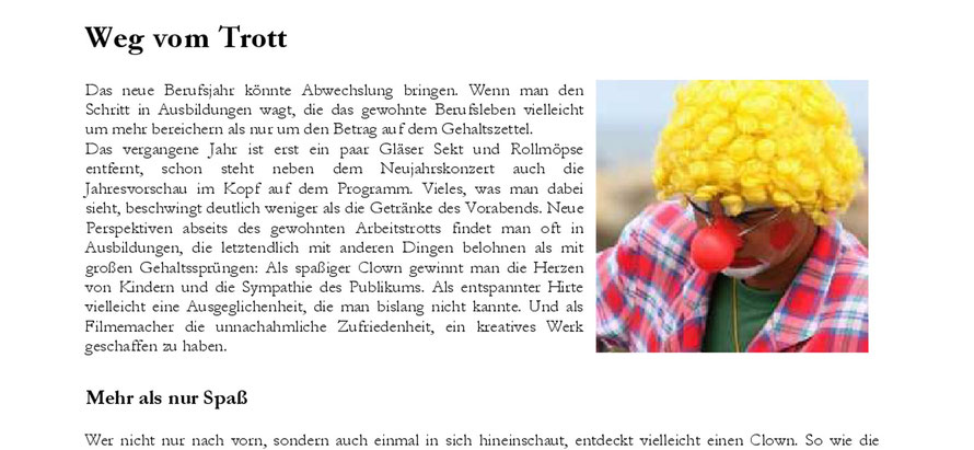 Vorschau des Presse-Artikels "Weg vom Trott", der u.a. den Berufsweg eines Clowns beschreibt.