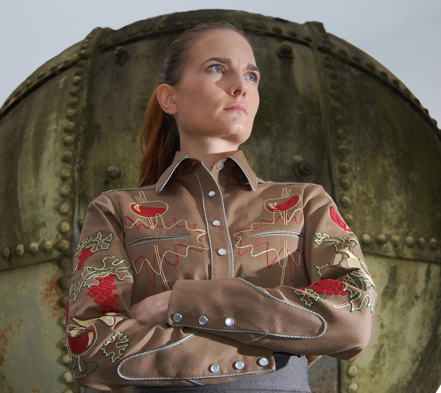 brown embroidered Western Shirt with checked piping