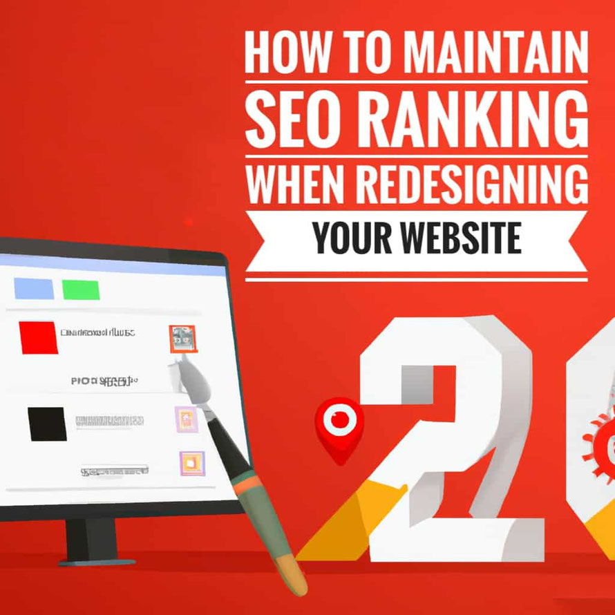 Graphical image of monitor showing graphics with title text: How to Maintain SEO Ranking When Redesigning Your Website