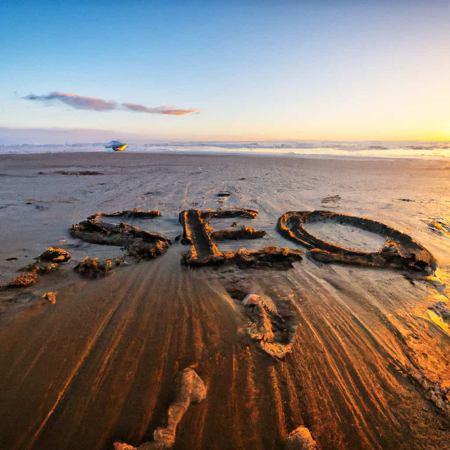 Photo of a beach with sun rising and SEO written in the sand. Done for an article on search term keyword phrases and what they are.