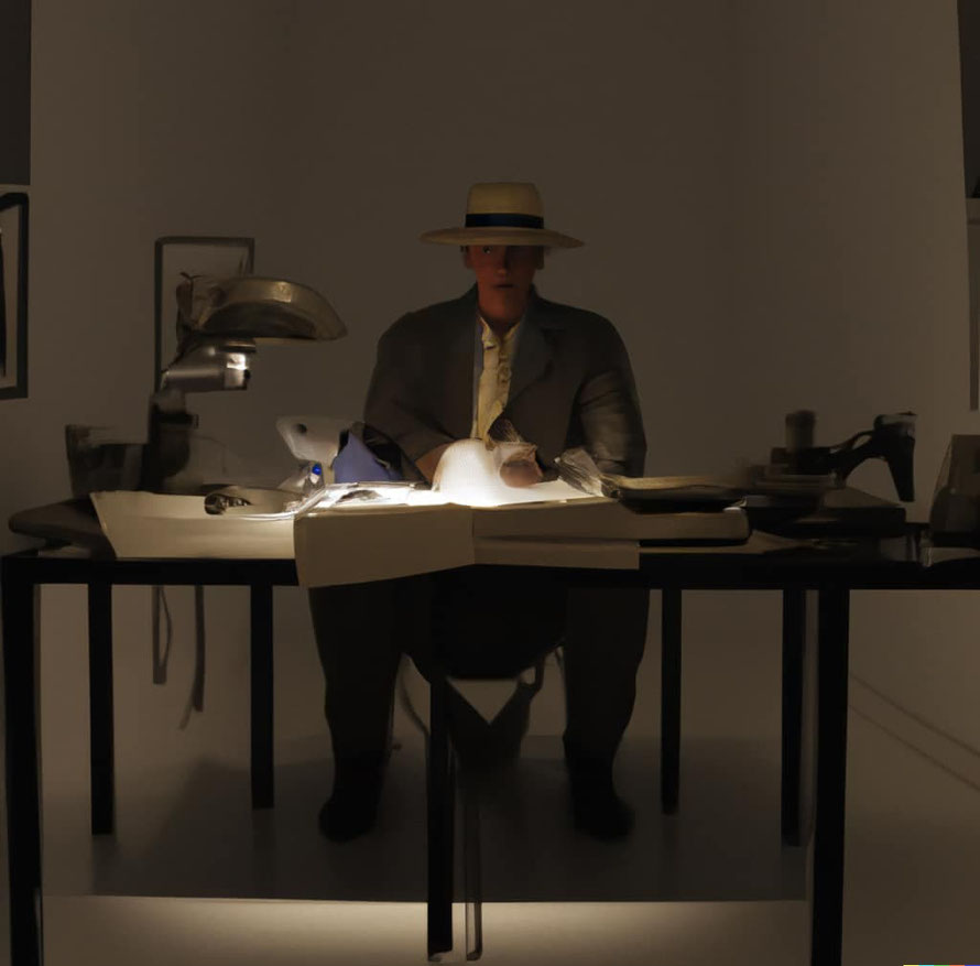 Photo of private investigator sitting at a desk, identifying this post's topic which is about Becoming a Keyword Detective.