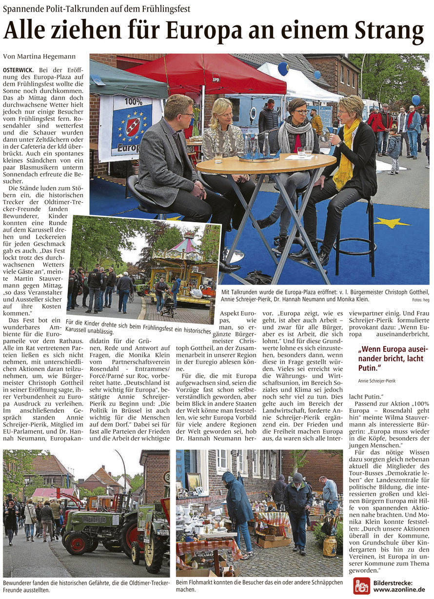 Bericht über die Europa-Plaza auf dem Osterwicker Frühlingsfest (= unserer Rosendahler 'Konkurrenz' in Sachen Europawahlbeteiligung) (Allgemeine Zeitung (= Billerbecker Anzeiger / Gescherer Zeitung), Lokalteil Rosendahl, 29.04.2019)